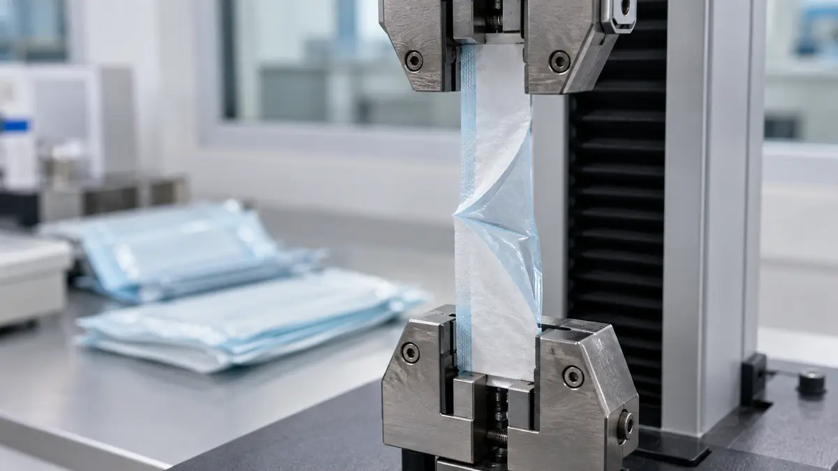 Ensaio de tração de selagem em envelope de grau cirúrgico avaliando força e modo de falha conforme ASTM F88.